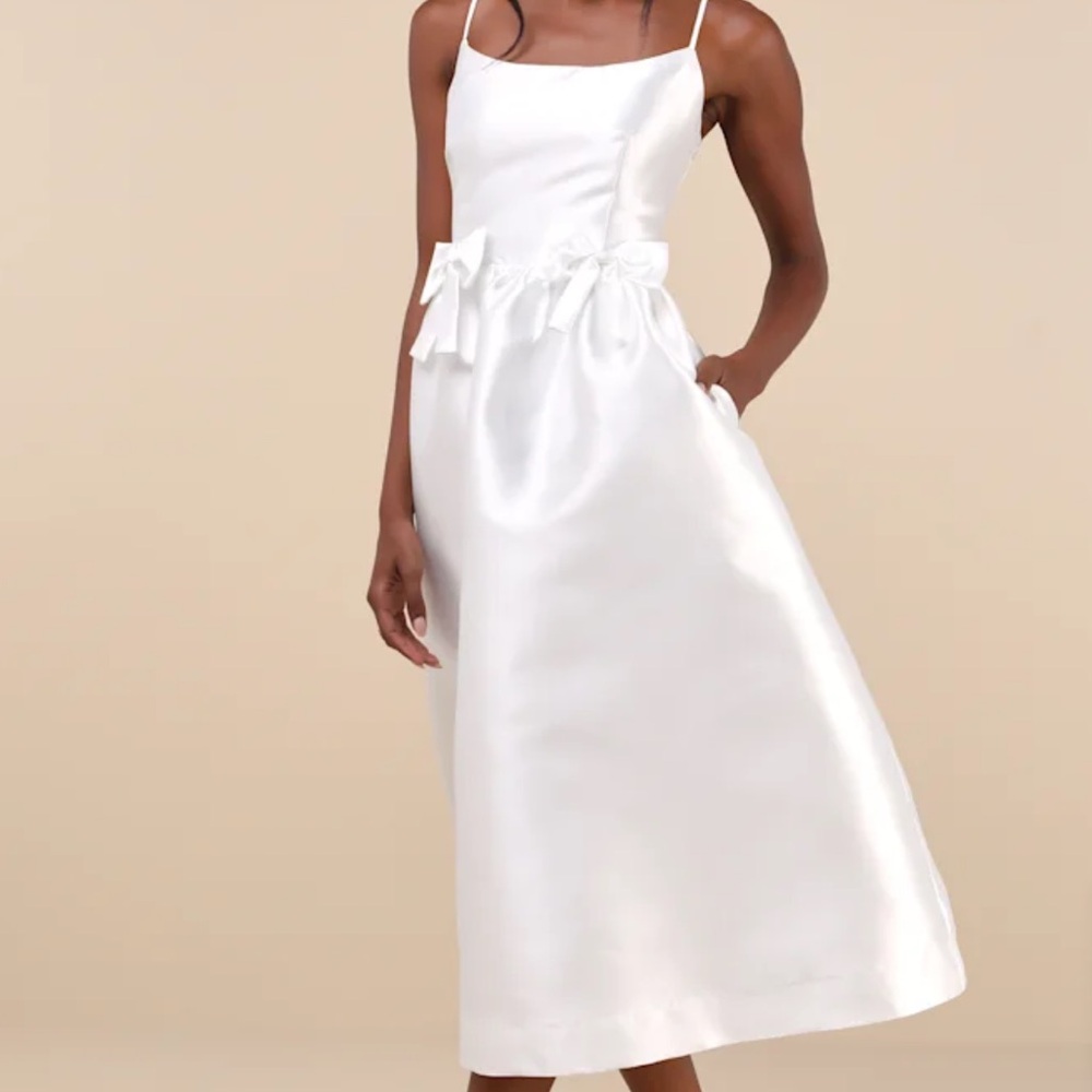 Classy Aesthetic White Taffeta Bow Midi Dress With Pockets